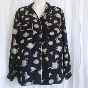 Vintage MISHO Silk Blouse Loungewear Top Black Lavender Gray Long Sleeve M 10